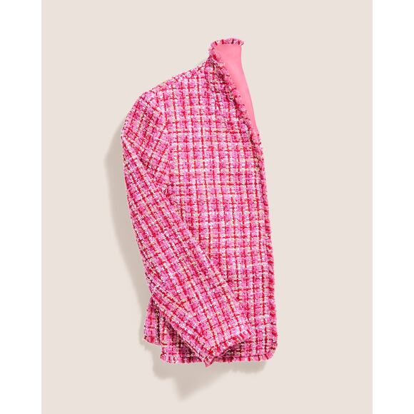 Ann Taylor NWOT The Cutaway Pink Red Fringe Tweed Open Front Jacket Size 12 - Picture 3 of 10